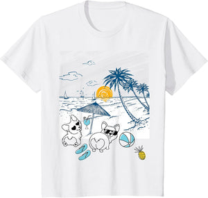 Corgi Dog Beach View with Palm Trees and Sailboats