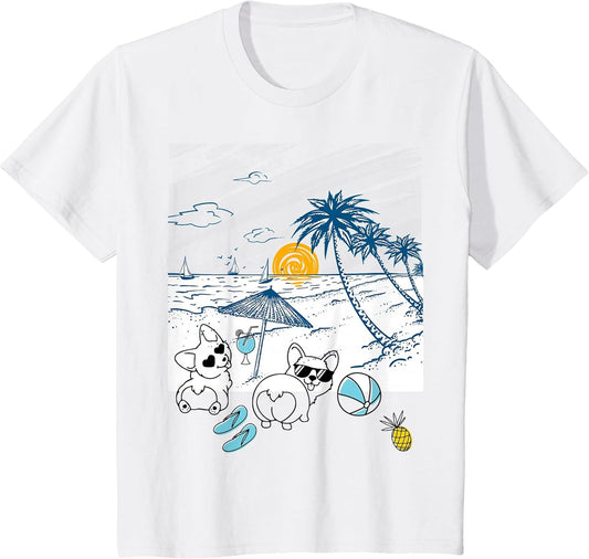 Corgi Dog Beach View with Palm Trees and Sailboats