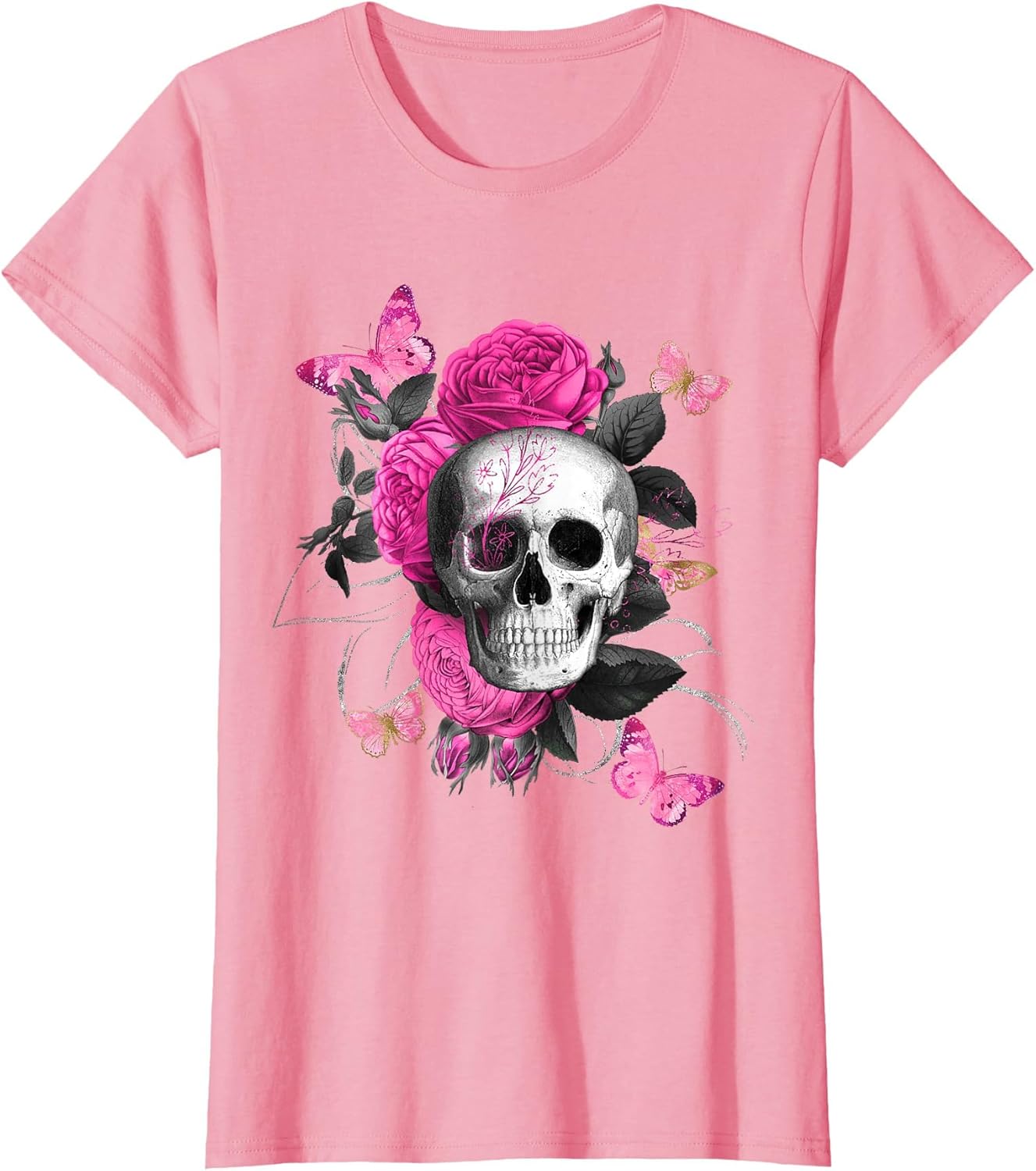 Floral Skull and Butterflies Magenta Flowers Butterfly