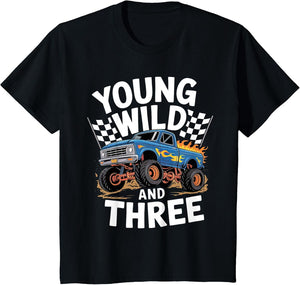 Kids 3rd Birthday Monster Truck Young Wild and Three 3 Year Old