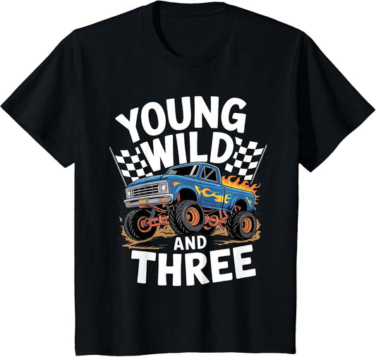 Kids 3rd Birthday Monster Truck Young Wild and Three 3 Year Old