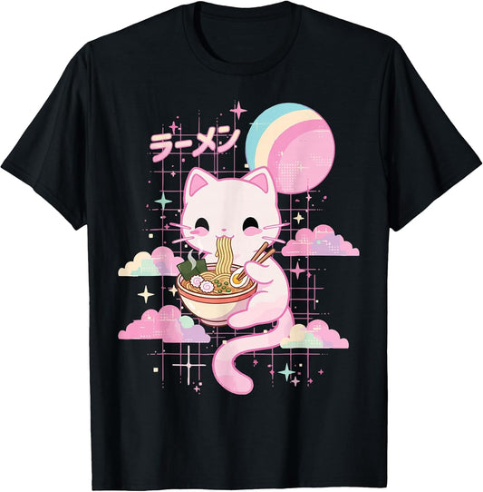 Cat Eating Ramen Kawaii Pink Anime