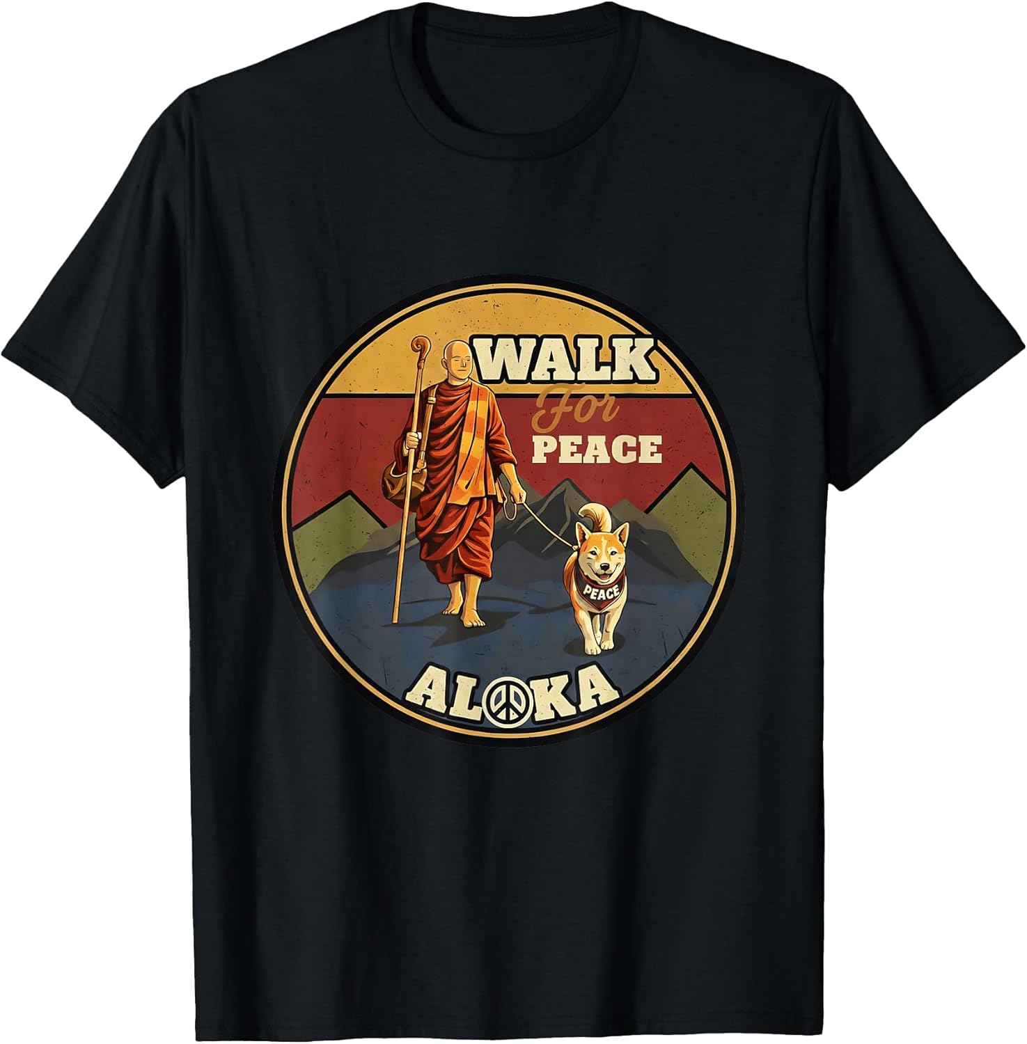 Walk for Peace Buddhist Monk and Shiba Inu Dog Illustration