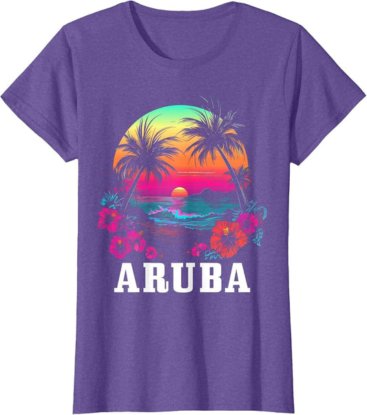Aruba Vintage Souvenir Hibiscus Flowers Surfer Beach