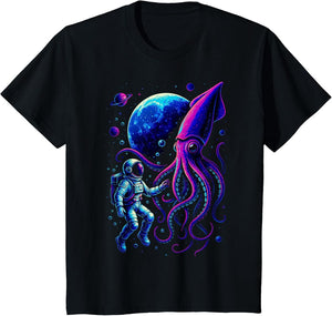 Funny Astronaut and Squid in Underwater Space with Full Moon