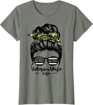 Veteran Wife Life Messy Bun Hair Funny Veteran Wife