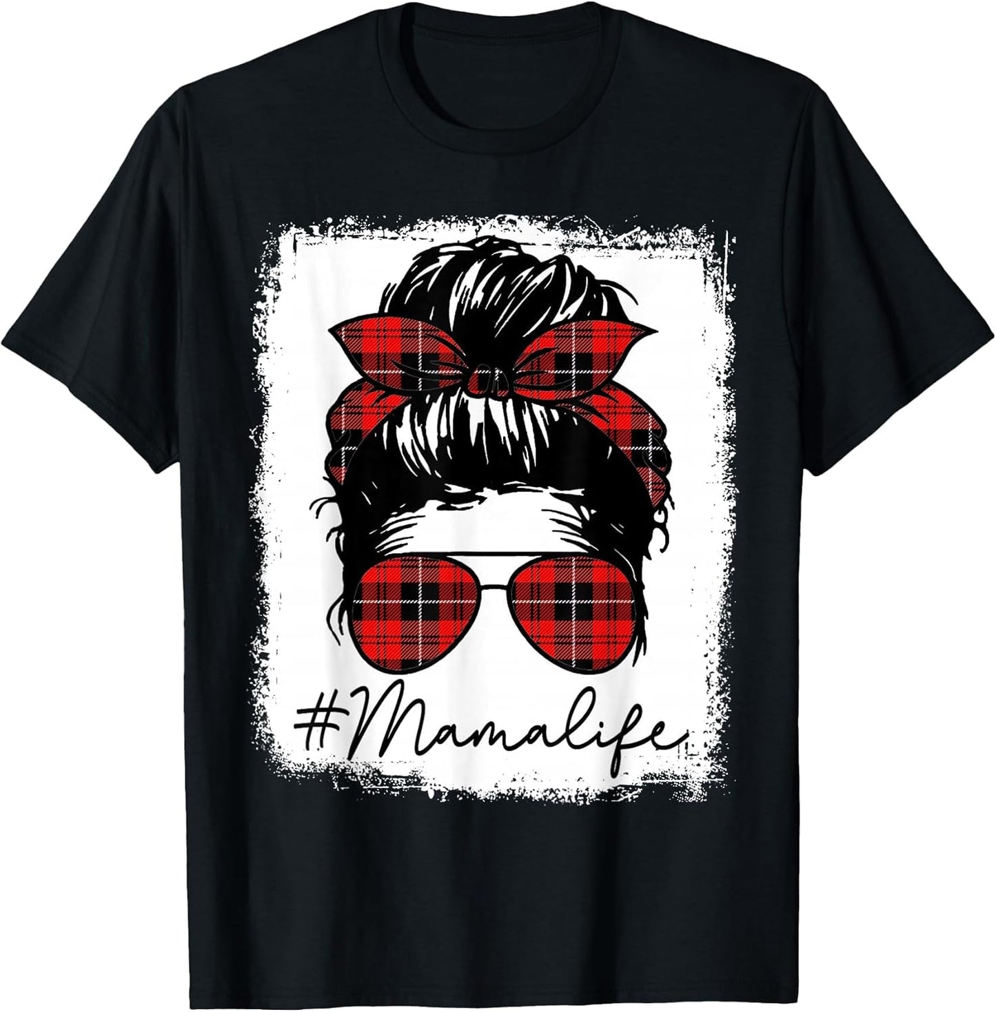 Mama Mom Life Shirts Red Plaid Bandana Messy Bun