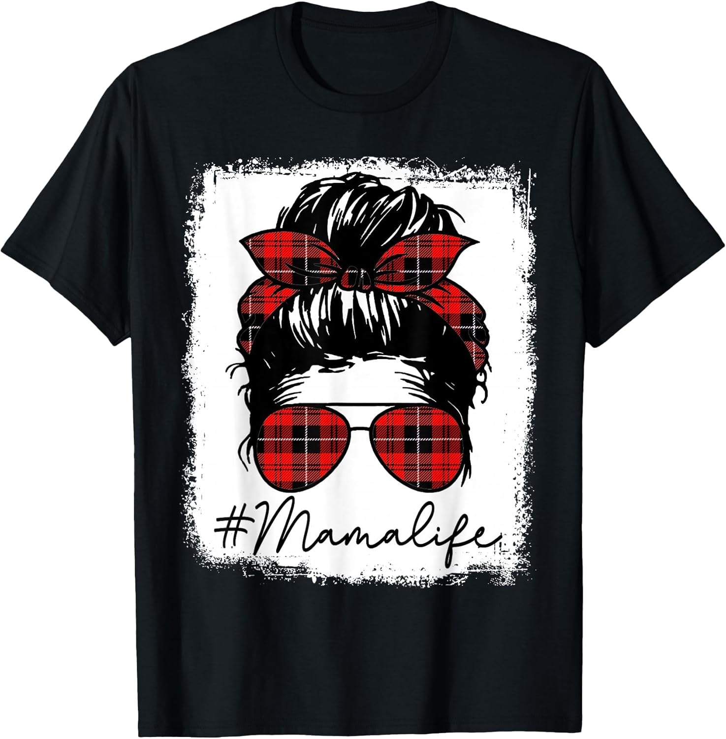 Mama Mom Life Shirts Red Plaid Bandana Messy Bun