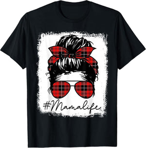 Mama Mom Life Shirts Red Plaid Bandana Messy Bun