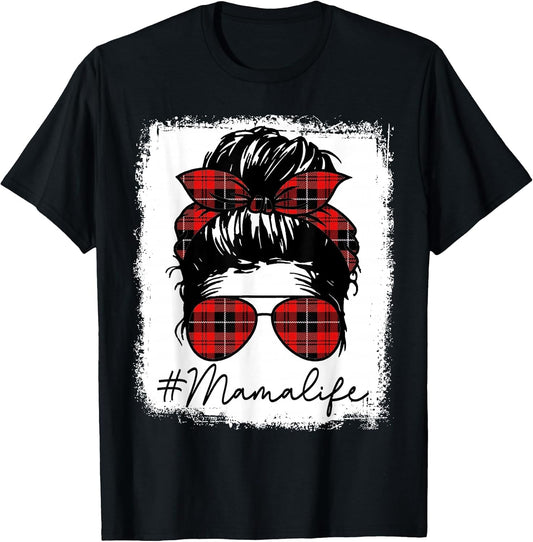 Mama Mom Life Shirts Red Plaid Bandana Messy Bun