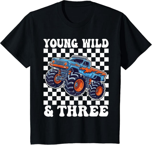 3rd Birthday Monster Truck Young Wild and Three 3 Year Old