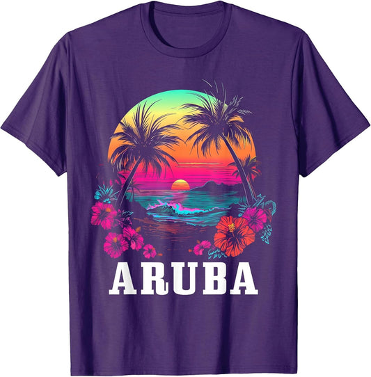Aruba Vintage Souvenir Hibiscus Flowers Surfer Beach