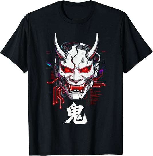 Cyberpunk Oni Mask Glitch Japanese Kanji Sci-Fi