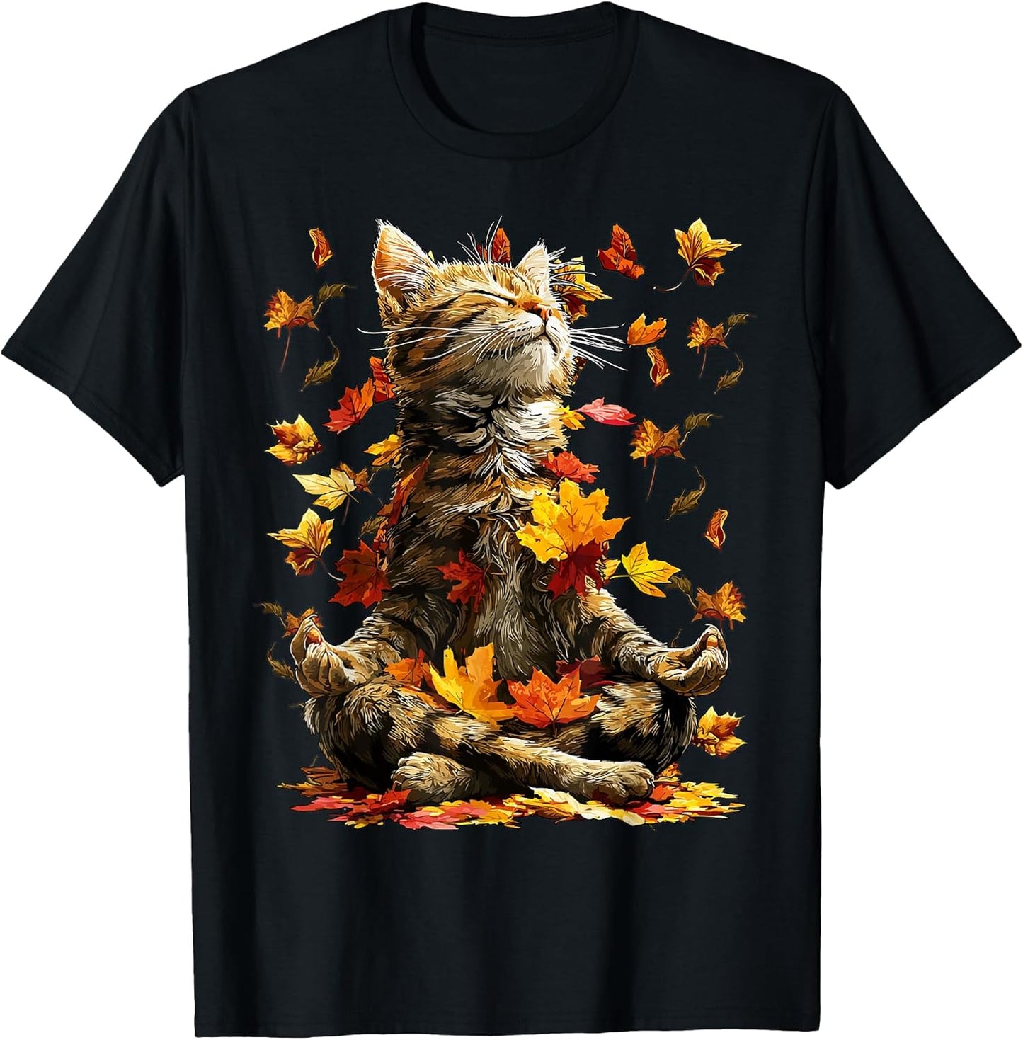 Cute Tabby Cat Fall Leaves Meditating Animal Yoga Autumn Art