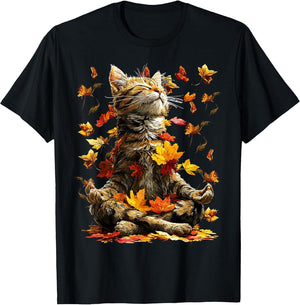 Cute Tabby Cat Fall Leaves Meditating Animal Yoga Autumn Art