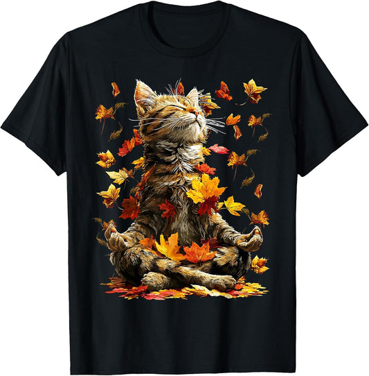 Cute Tabby Cat Fall Leaves Meditating Animal Yoga Autumn Art
