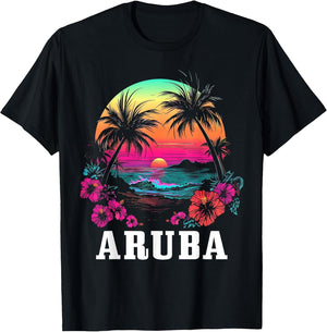 Aruba Vintage Souvenir Hibiscus Flowers Surfer Beach