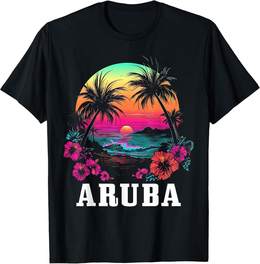 Aruba Vintage Souvenir Hibiscus Flowers Surfer Beach