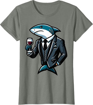 Elegant Boujee Shark Cartoon Holding Wine Glass Graphic