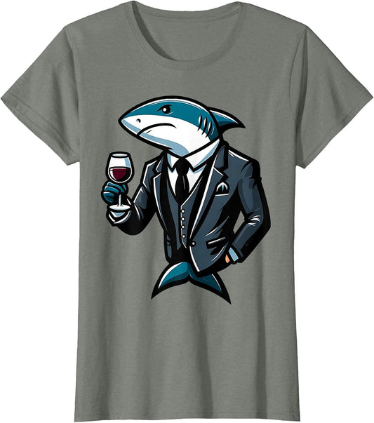Elegant Boujee Shark Cartoon Holding Wine Glass Graphic