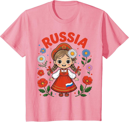 Cute Russia Girl Traditional Folk Dress and Flowers for Kids