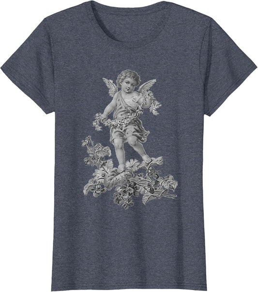 .Young Vintage Angelic Cherub & Flowers Monochrome Design