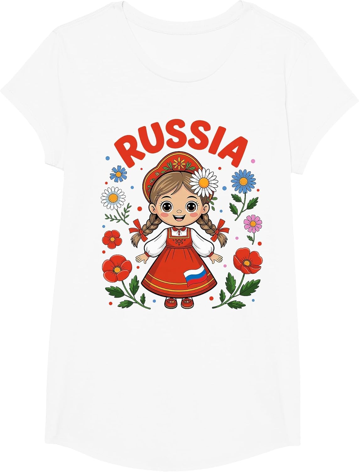 Cute Russia Girl Traditional Folk Dress and Flowers for Kids