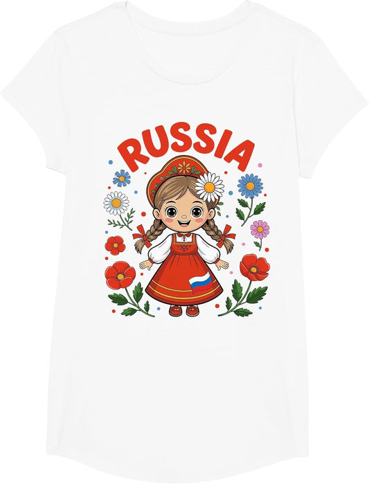 Cute Russia Girl Traditional Folk Dress and Flowers for Kids