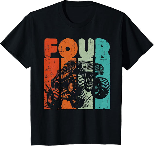 Kids 4th Birthday Monster Truck Four Retro 4 Year Old Bday Boys