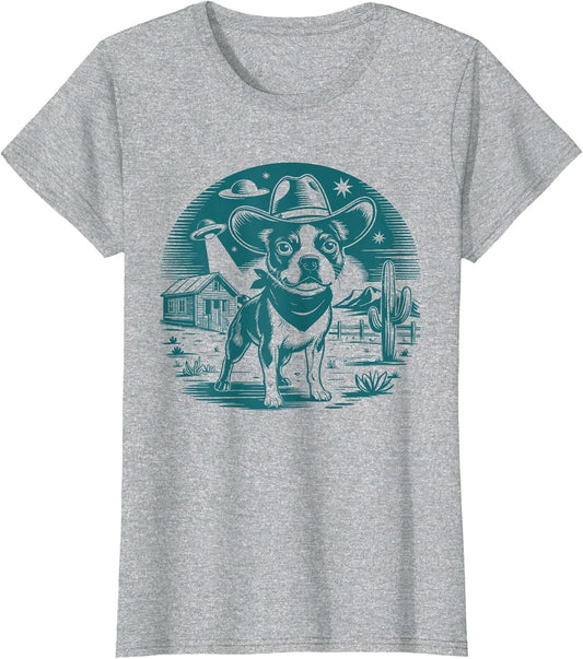 Boston Terrier Cowboy UFO Shirt Vintage Western Dog Mom