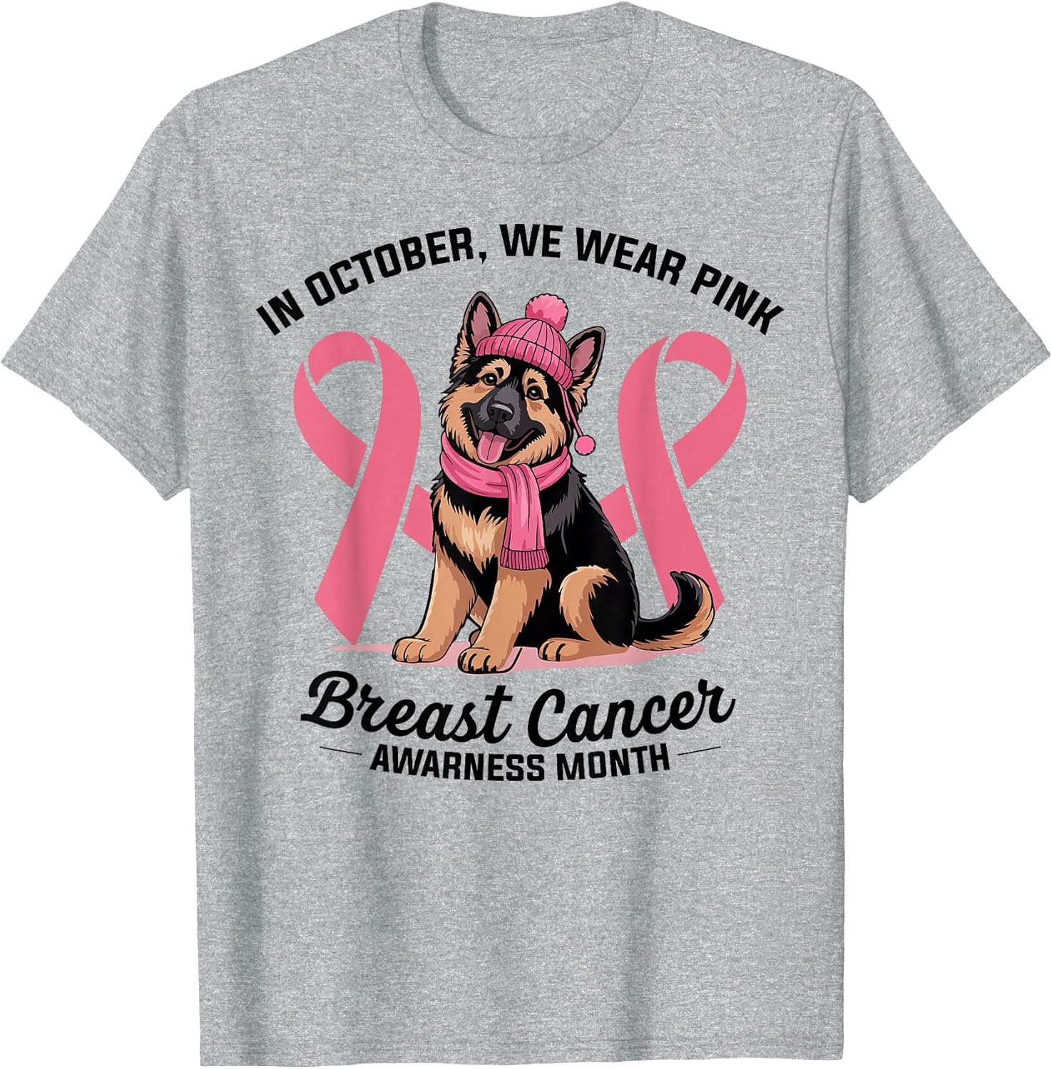 German Shepherd Dog in Pink Hat & Scarf Pink Ribbon