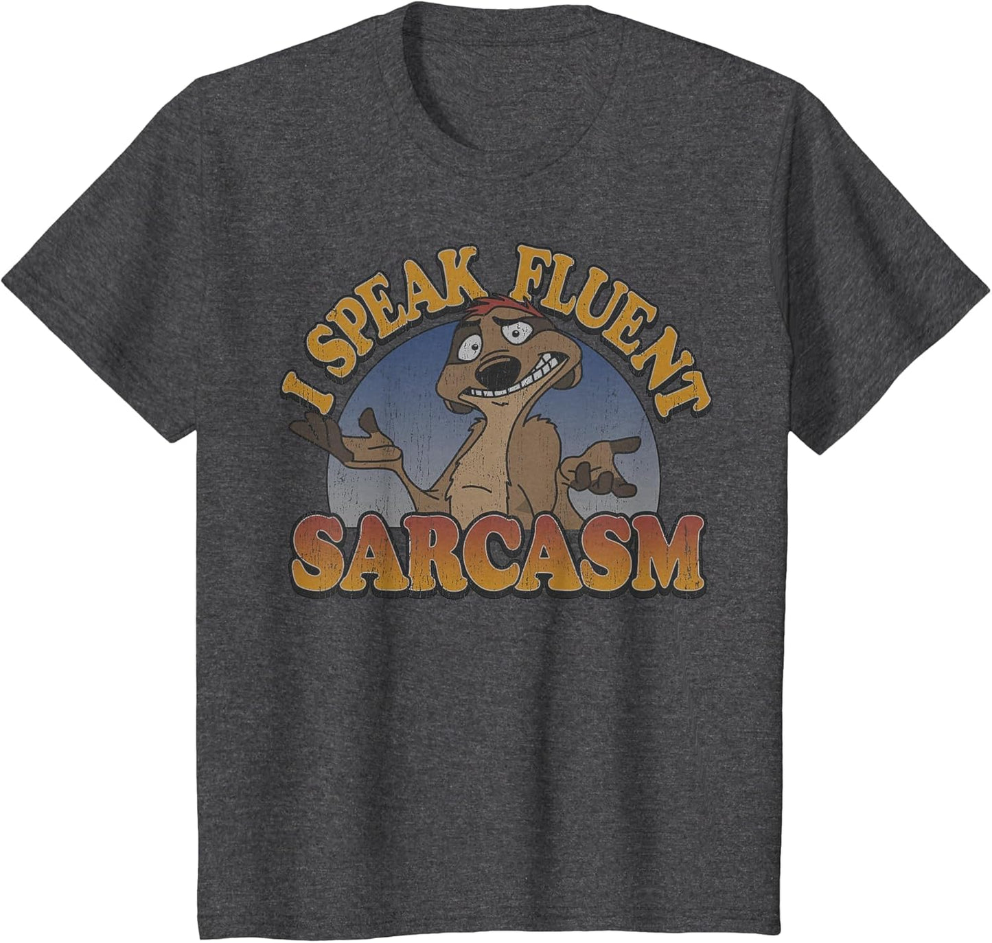 Disney The Lion King Timon I Speak Fluent Sarcasm Distressed , Youth, Dark Heather Grey, Large