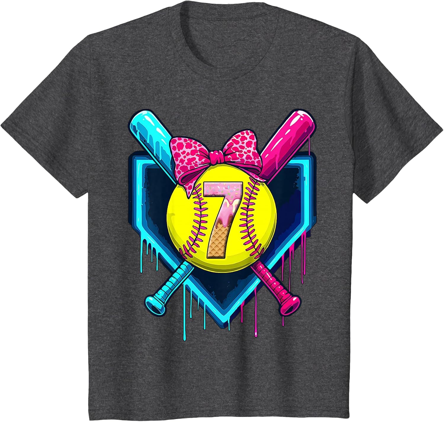 Softball 7 Years Old Ice Cream Drip 7th Birthday Girl