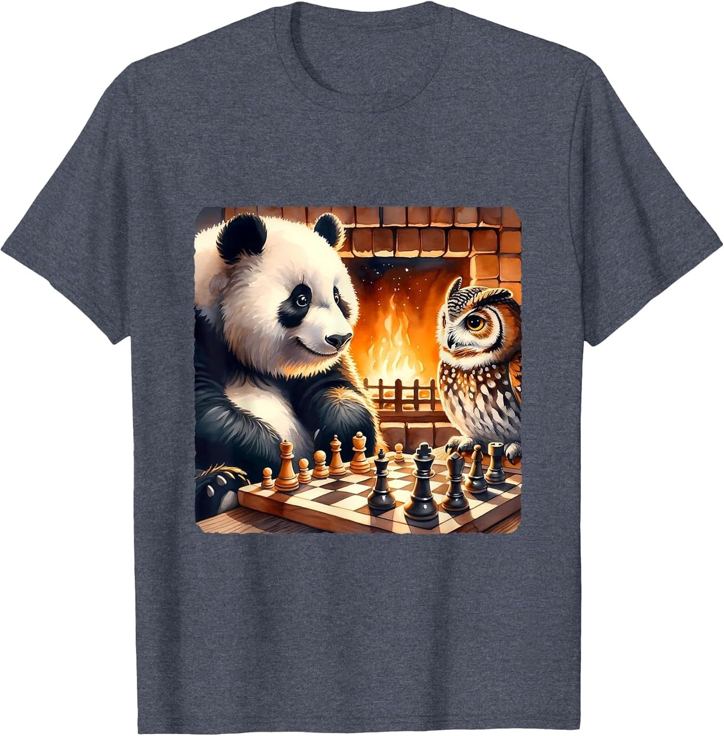 Panda Playing Chess with Owl by Fireplace. Cozy Strategy