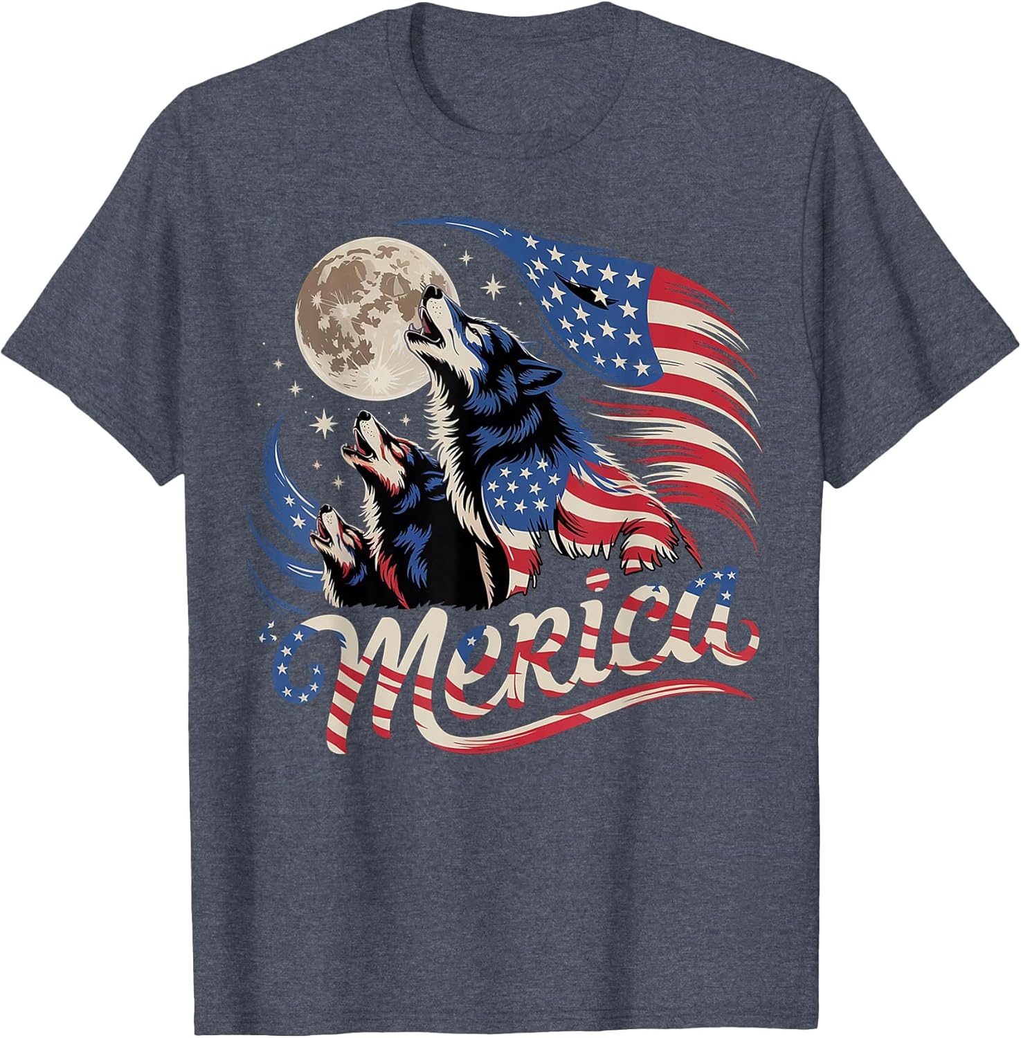 Wolf 4th of July American Flag Howling Wolves Under Moon