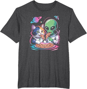 Funny Cat and Alien Sharing Pizza Space UFO Women