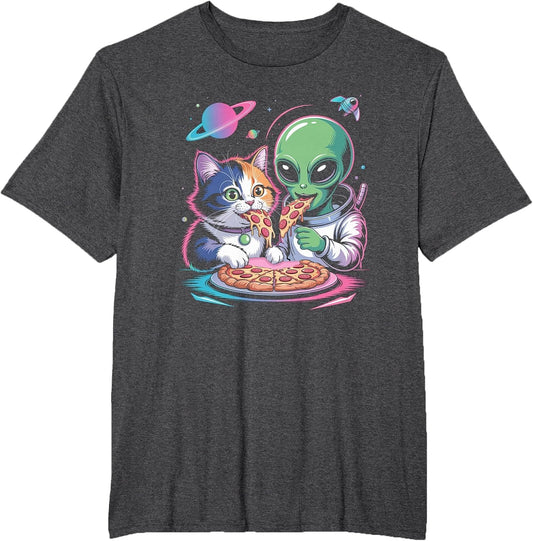 Funny Cat and Alien Sharing Pizza Space UFO Women