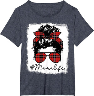 Mama Mom Life Shirts Red Plaid Bandana Messy Bun