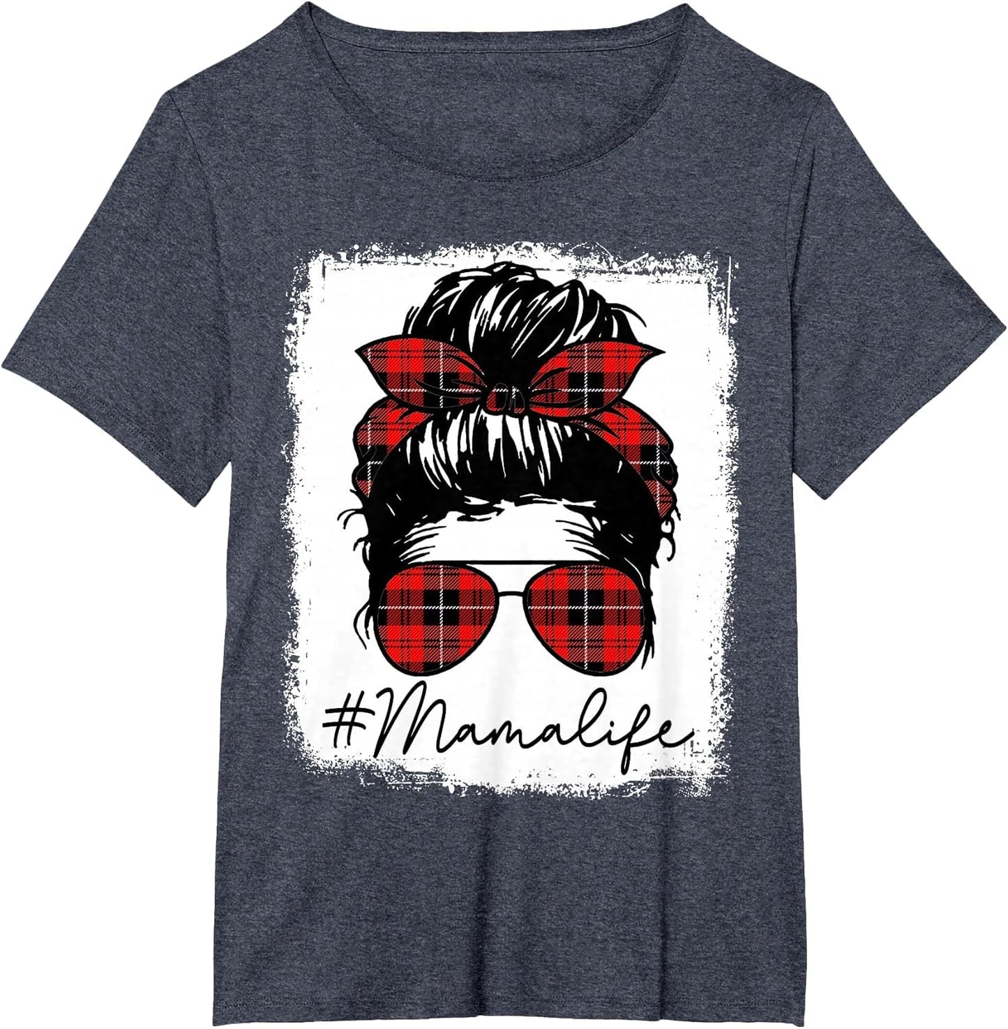 Mama Mom Life Shirts Red Plaid Bandana Messy Bun
