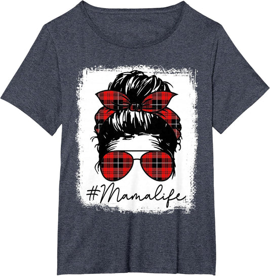 Mama Mom Life Shirts Red Plaid Bandana Messy Bun