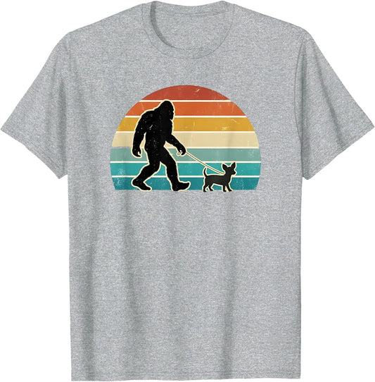 Funny Bigfoot Walking Chiweenie Retro Sunset Dog