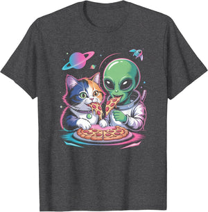 Funny Cat and Alien Sharing Pizza Space UFO Women