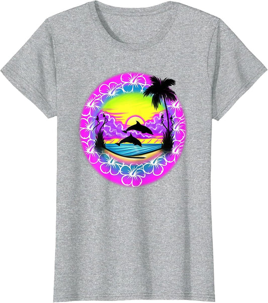 Cute Beach Jumping Dolphins Ocean Sunset Palm Tree Vacation