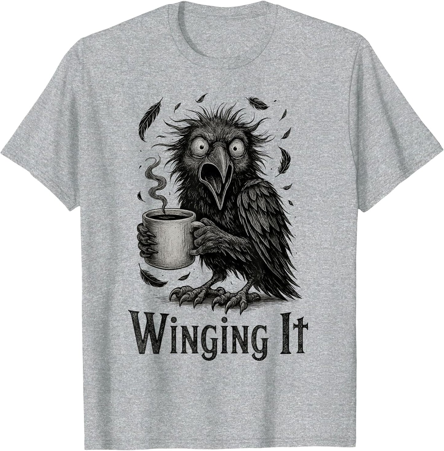 Winging It - Retro Unhinged Angry Black Crow Drinking Coffee