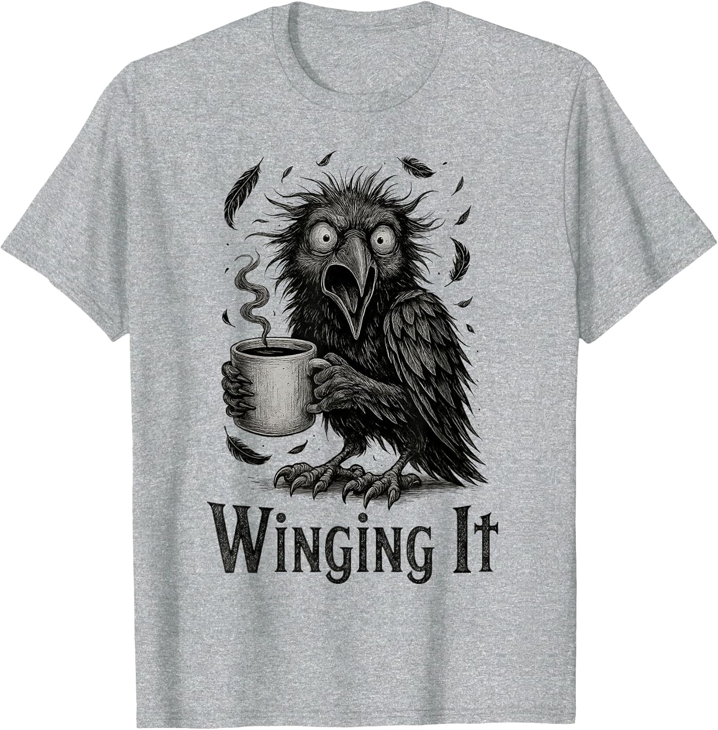Winging It - Retro Unhinged Angry Black Crow Drinking Coffee