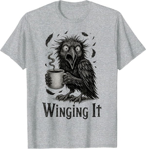 Winging It - Retro Unhinged Angry Black Crow Drinking Coffee