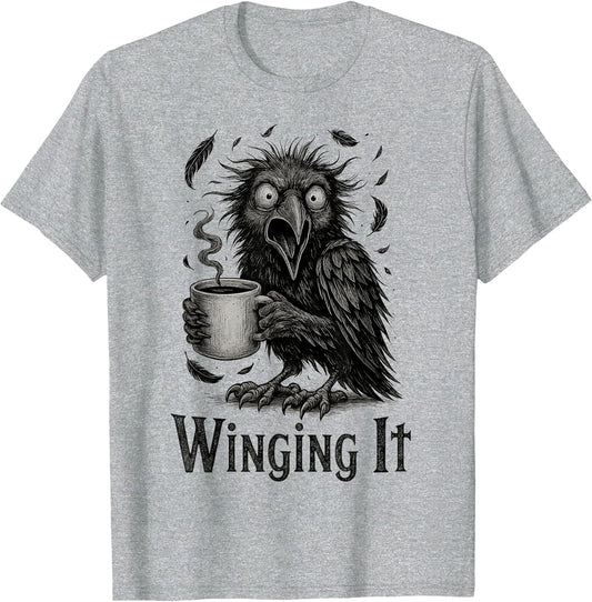 Winging It - Retro Unhinged Angry Black Crow Drinking Coffee