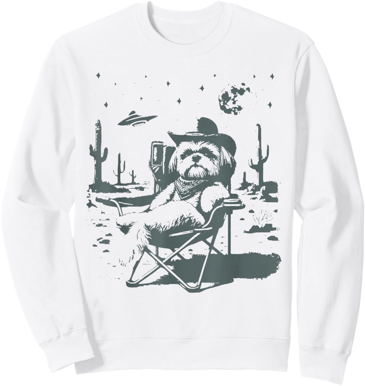 Vintage Shih Tzu UFO Western Cowboy Funny Dog Meme Art Sweatshirt - Sweatshirt | White