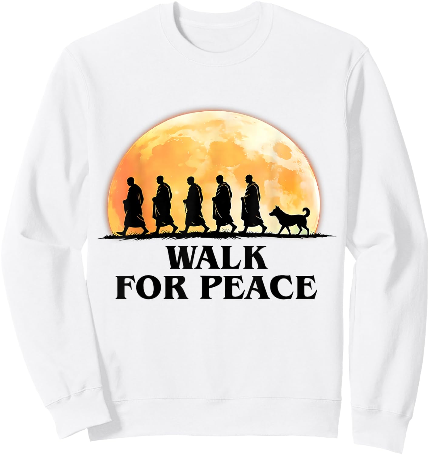 Retro Peace Walking Monks & Dog Minimalist Zen Art Graphic Sweatshirt - Sweatshirt | White