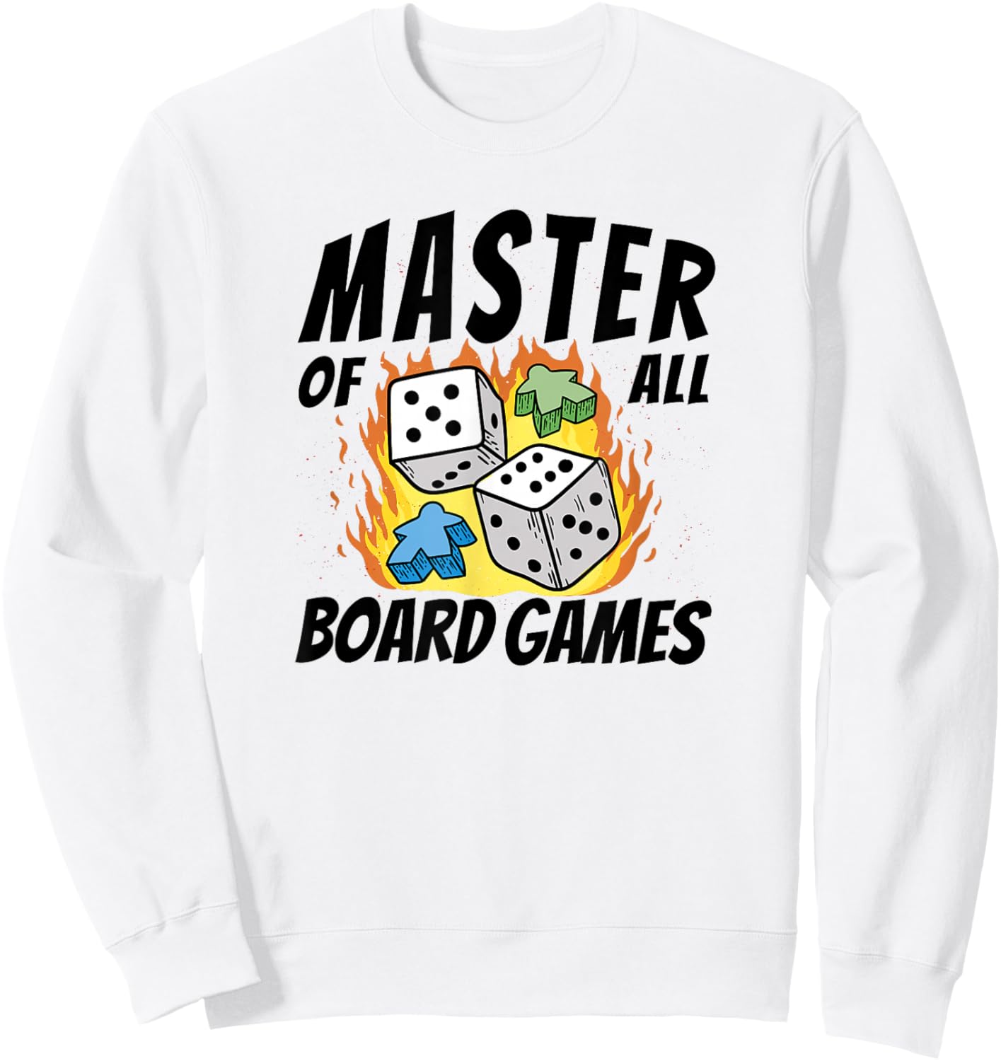 Master All Board Games Dice and Meeple Fire Graphic Sweatshirt - Sweatshirt | White